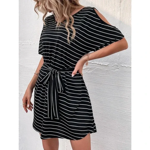 preppy Cold Shoulder Striped Belted Dress black white - Picture 7 of 10